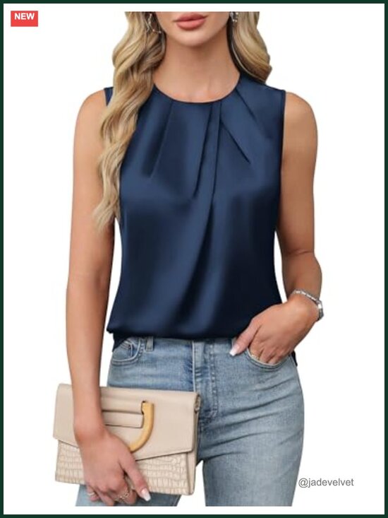 Tops - Satin Tank Top Blouse Business Casual Work Tops Pleated Crew Neck Sleeveless